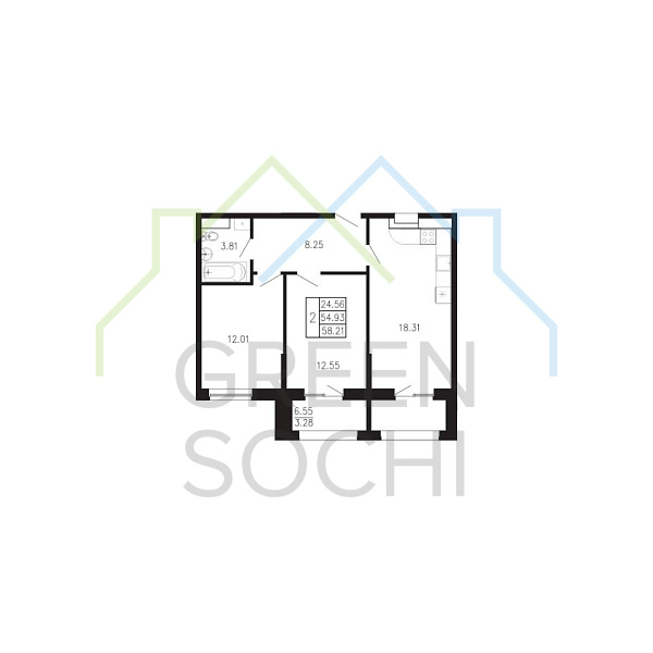 2-к квартира, 58.2 кв.м., в ЖК Просторы Крыма