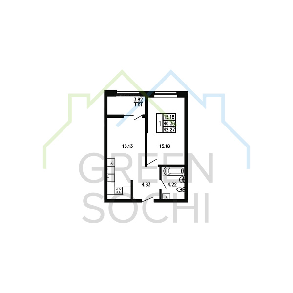 1-к квартира, 42.3 кв.м., в ЖК Просторы Крыма