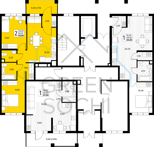 2-к квартира, 53 кв.м., в ЖК Кипарис (Холидей Хаус) (№14884)