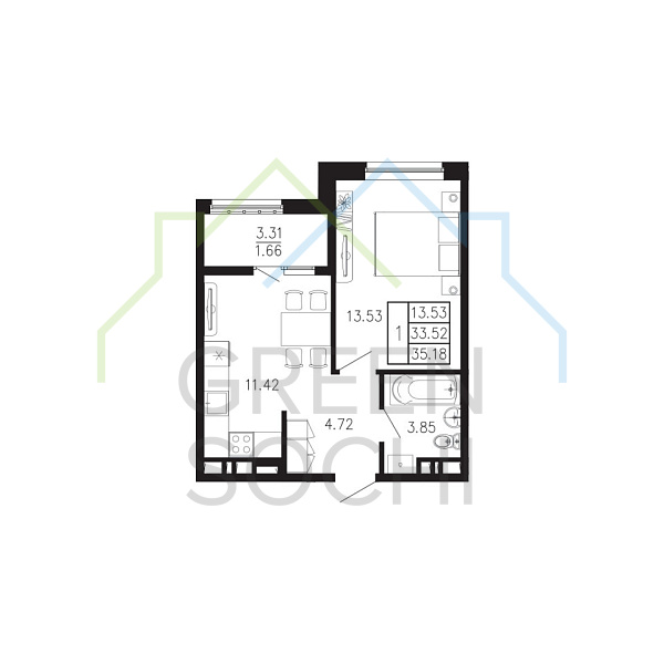 1-к квартира, 35.2 кв.м., в ЖК Просторы Крыма
