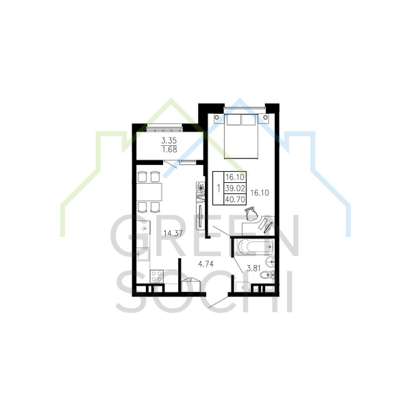 1-к квартира, 40.7 кв.м., в ЖК Просторы Крыма