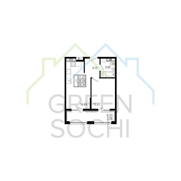 1-к квартира, 39.3 кв.м., в ЖК Просторы Крыма