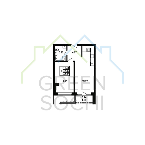 1-к квартира, 43.9 кв.м., в ЖК Просторы Крыма