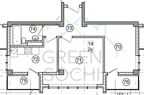 2-к квартира, общей площадью 49.61 м2