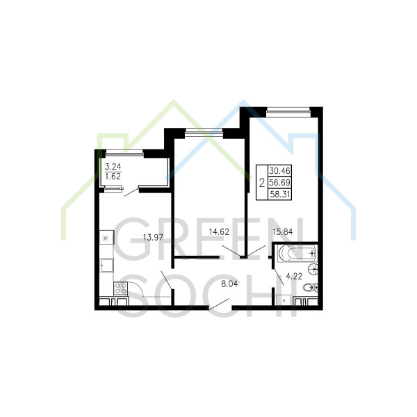 2-к квартира, 58 кв.м., в ЖК Просторы Крыма