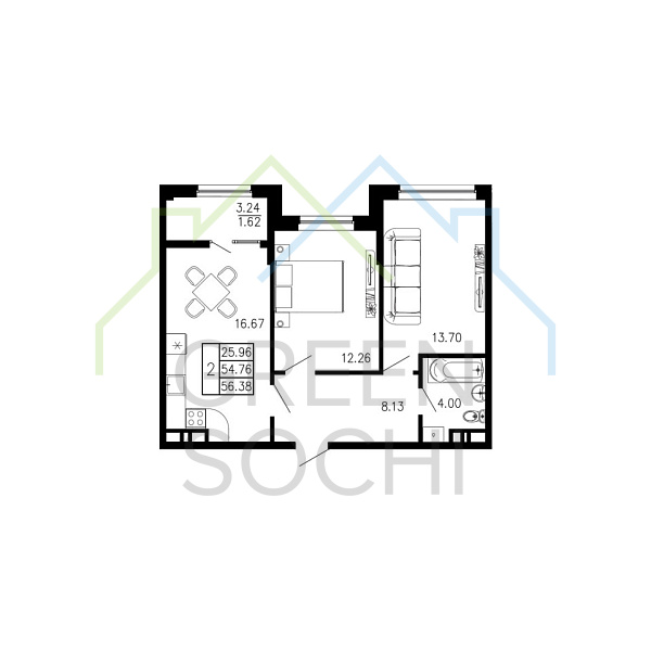 2-к квартира, 56.4 кв.м., в ЖК Просторы Крыма