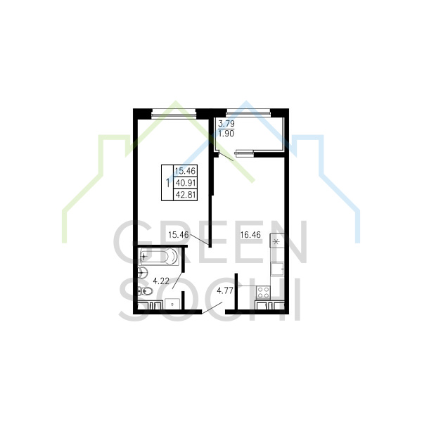 1-к квартира, 42 кв.м., в ЖК Просторы Крыма