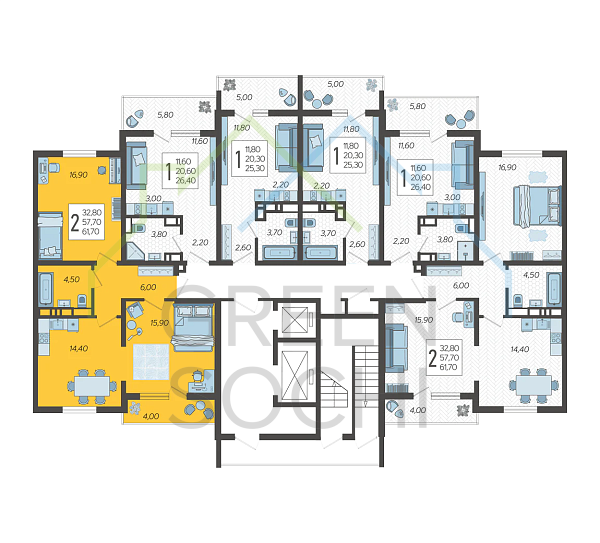 2-к квартира, 61 кв.м. (№904)