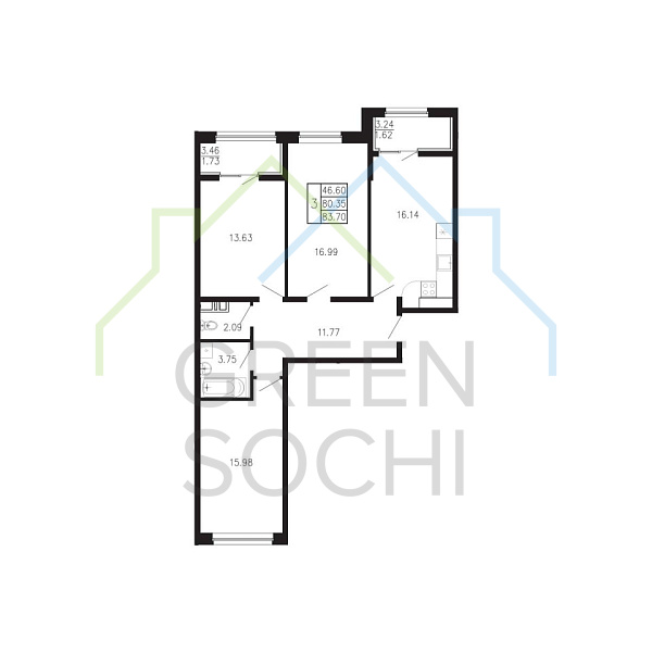3-к квартира, 83.7 кв.м., в ЖК Просторы Крыма