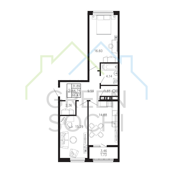 2-к квартира, 66.5 кв.м., в ЖК Просторы Крыма