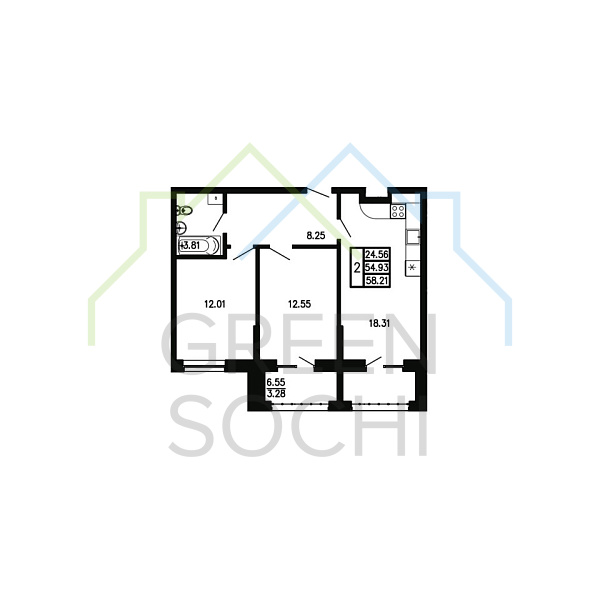 2-к квартира, 58.2 кв.м., в ЖК Просторы Крыма