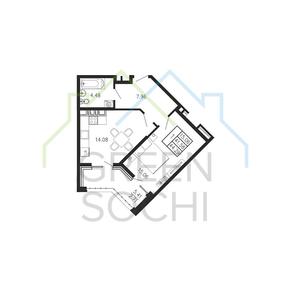 1-к квартира, 44.3 кв.м., в ЖК Просторы Крыма