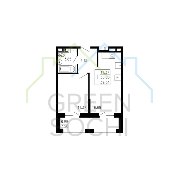 1-к квартира, 39 кв.м., в ЖК Просторы Крыма