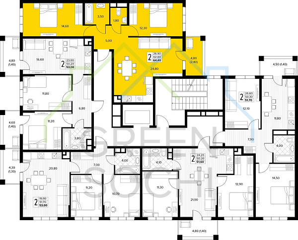 2-к квартира, 64 кв.м., в ЖК Кипарис (Холидей Хаус) (№14819)