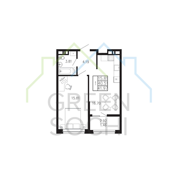 1-к квартира, 42 кв.м., в ЖК Просторы Крыма