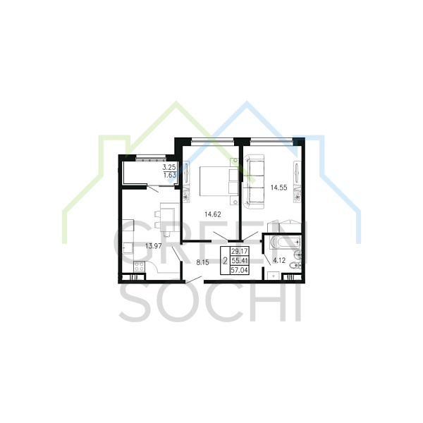 2-к квартира, 57 кв.м., в ЖК Просторы Крыма