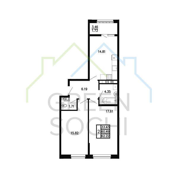 2-к квартира, 62.2 кв.м., в ЖК Просторы Крыма