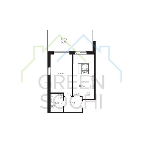 1-к квартира, 50.6 кв.м., в ЖК Просторы Крыма
