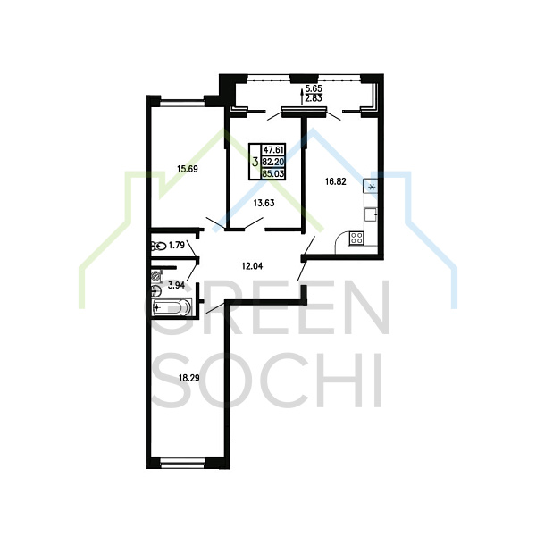 3-к квартира, 85 кв.м., в ЖК Просторы Крыма