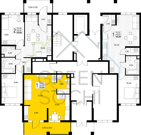 1-к квартира, 37 кв.м., в ЖК Кипарис (Холидей Хаус) (№14883)