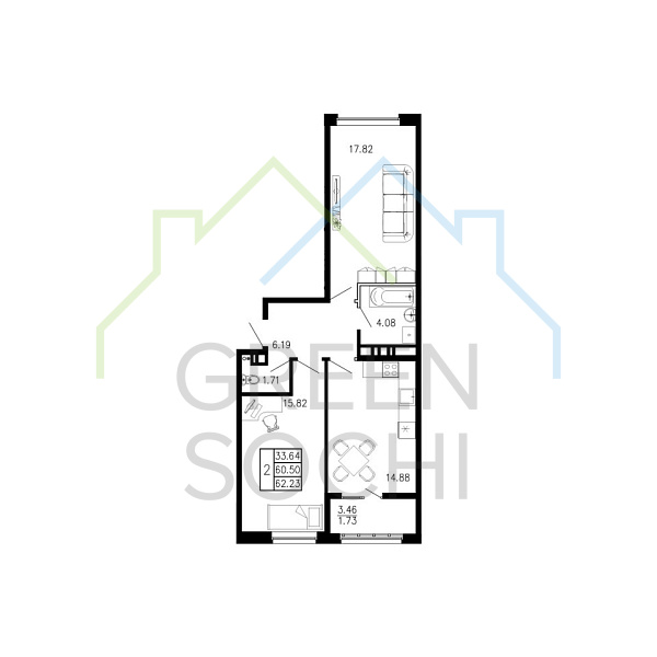2-к квартира, 62.2 кв.м., в ЖК Просторы Крыма