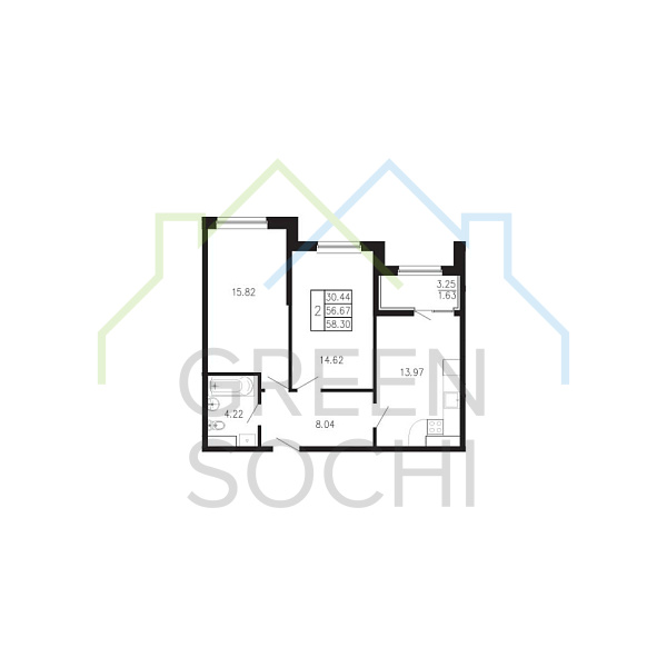 2-к квартира, 58.3 кв.м., в ЖК Просторы Крыма