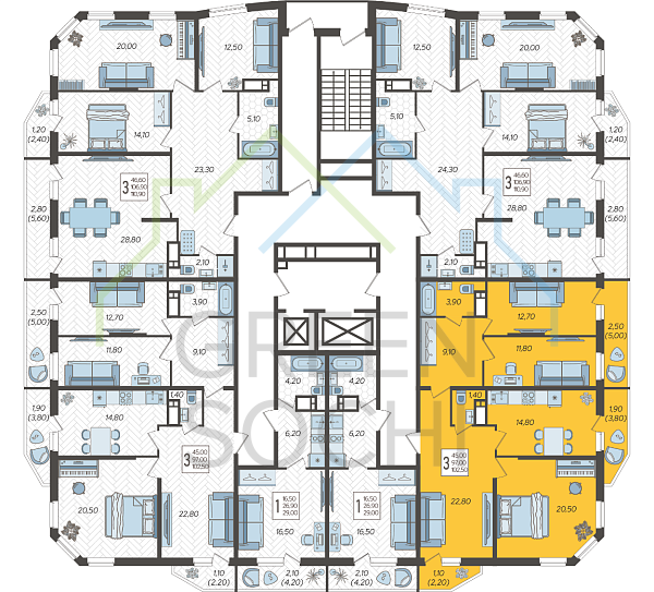 3-к квартира, 102 кв.м., в ЖК Зеленодар (№14381)