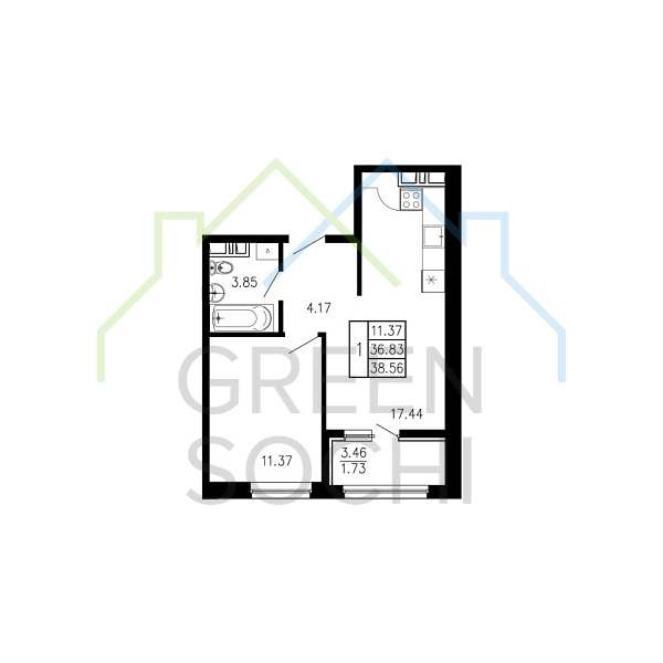 1-к квартира, 38 кв.м., в ЖК Просторы Крыма