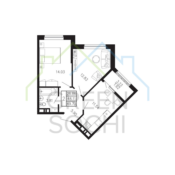 2-к квартира, 49.7 кв.м., в ЖК Просторы Крыма