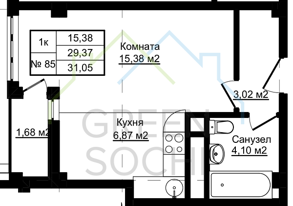 1-к квартира, общей площадью 31.5 м2