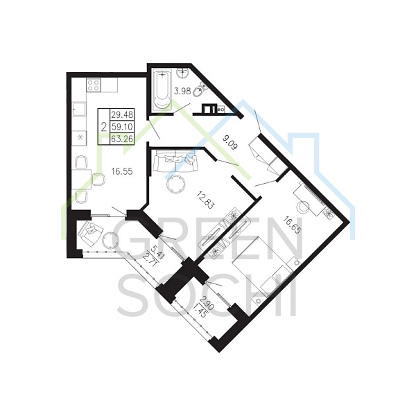 2-к квартира, 63.3 кв.м., в ЖК Просторы Крыма