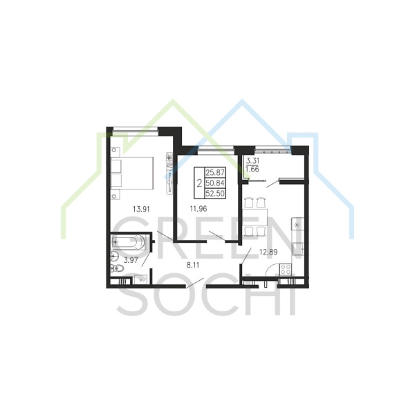 2-к квартира, 52.5 кв.м., в ЖК Просторы Крыма