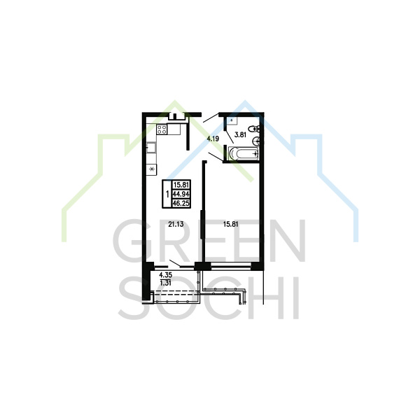 1-к квартира, 46.3 кв.м., в ЖК Просторы Крыма