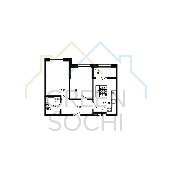2-к квартира, 52.5 кв.м., в ЖК Просторы Крыма