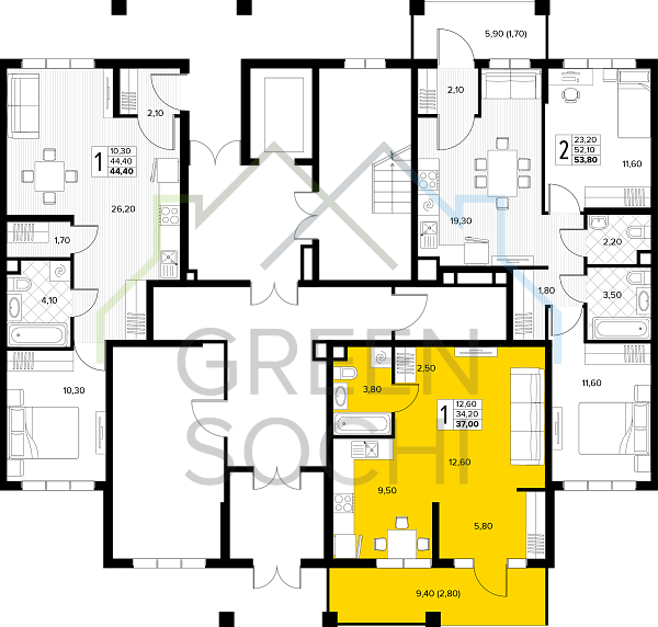 1-к квартира, 37 кв.м., в ЖК Кипарис (Холидей Хаус) (№14861)