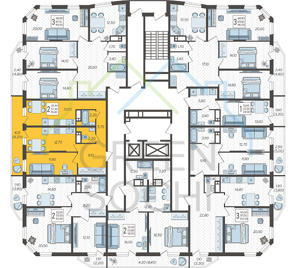 2-к квартира, 61 кв.м., в ЖК Зеленодар (№14890)